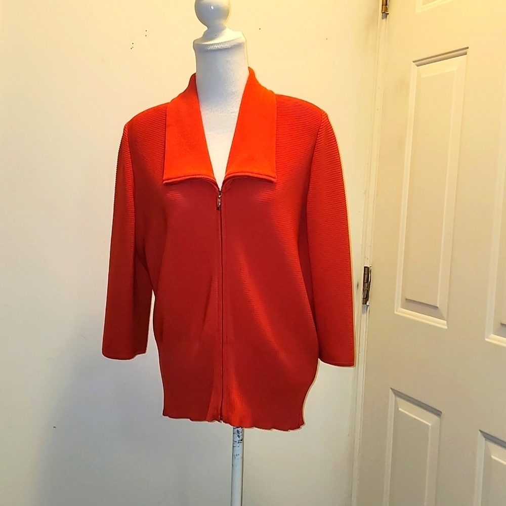 Misook Zip Front Knit Cardigan Sweater Red 3/4 Sleeves